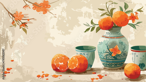 Fototapeta Naklejka Na Ścianę i Meble -  Vase with oriental symbols cups and mandarins on tabl