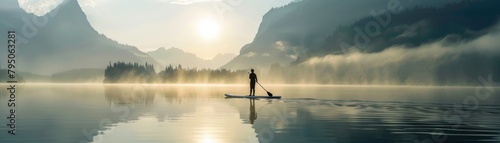 Man paddleboarding on a misty mountain lake at sunrise