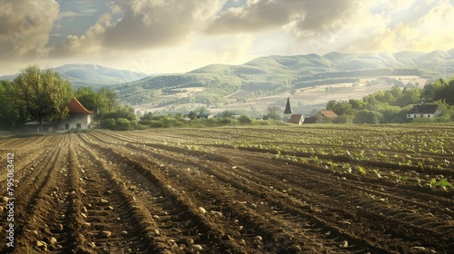 Agricultural field plowed in a secluded village
