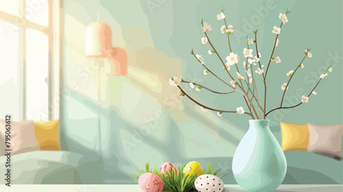 Vase with tree branches grass and Easter eggs on tabl photo