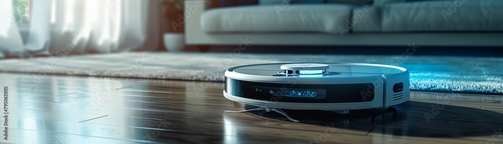 Robot vacuum cleaner operating on a hardwood floor in a modern living room Robot vacuum cleaner operating on a hardwood floor in a modern living room