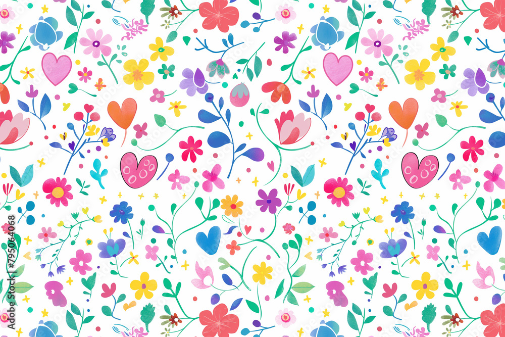 Colorful spring flowers and hearts seamless pattern in the style of a flat design on a white background, this vector illustration features pastel colors in a cute style with colorful flowers and gree Colorful spring flowers and hearts seamless pattern in the style of a flat design on a white background, this vector illustration features pastel colors in a cute style with colorful flowers and gree