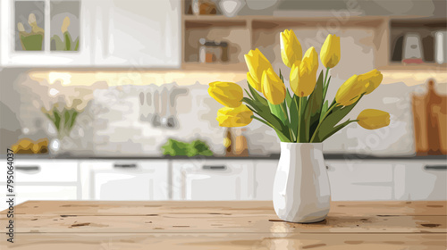 Vase with yellow tulip flowers on wooden table in mod photo