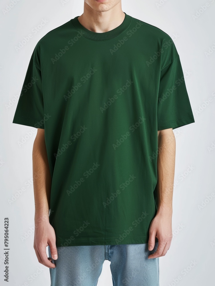 Young woman wearing a loose green t-shirt with jeans Young woman wearing a loose green t-shirt with jeans