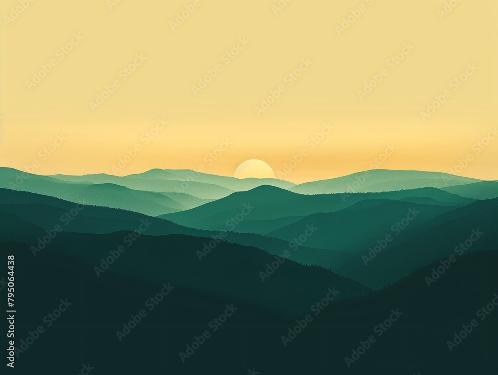 a landscape of hills with the sun in the distance