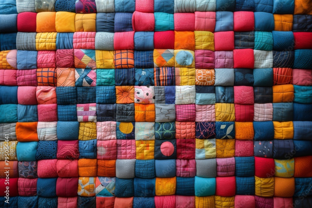 Vibrant patchwork reminiscent of a quilt, filled with whimsical shapes and designs, colorful backdrop