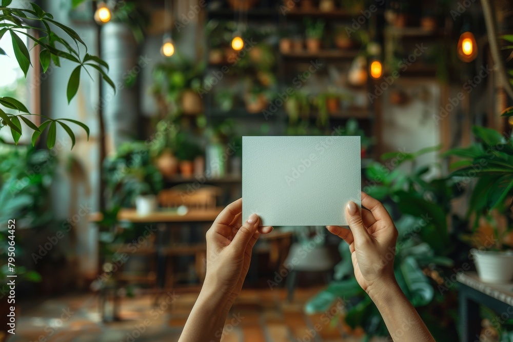 Hands holding a blank white card in a cozy room with plants Hands holding a blank white card in a cozy room with plants