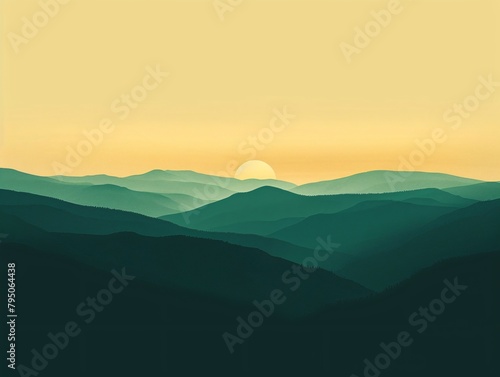 a landscape of hills with the sun in the distance