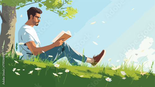 Handsome man reading book outdoors Vector illustration