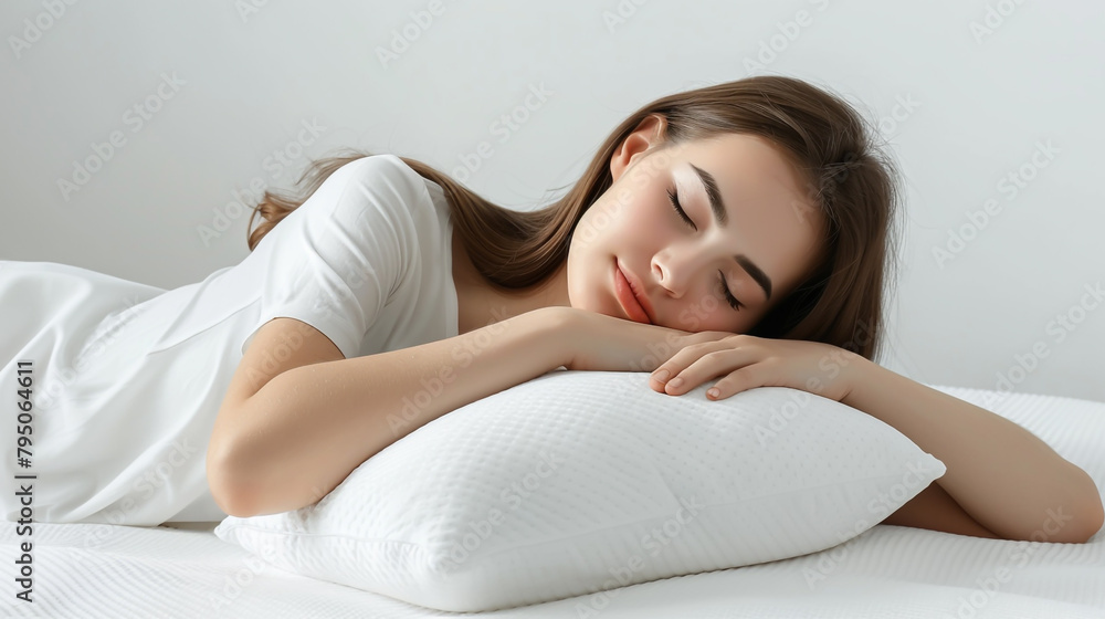 Pure slumber: The beauty of a woman dreaming on a white pillow. Pure slumber: The beauty of a woman dreaming on a white pillow.