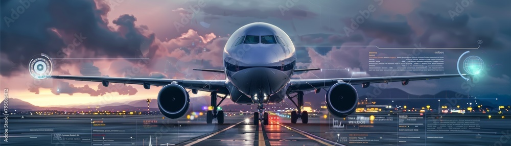 Commercial airplane on runway at night with futuristic digital enhancements Commercial airplane on runway at night with futuristic digital enhancements