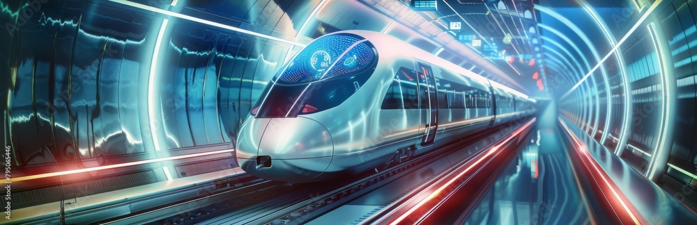 Futuristic high-speed train in a neon-lit tunnel