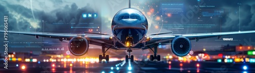 Commercial airplane on runway at night with futuristic digital enhancements