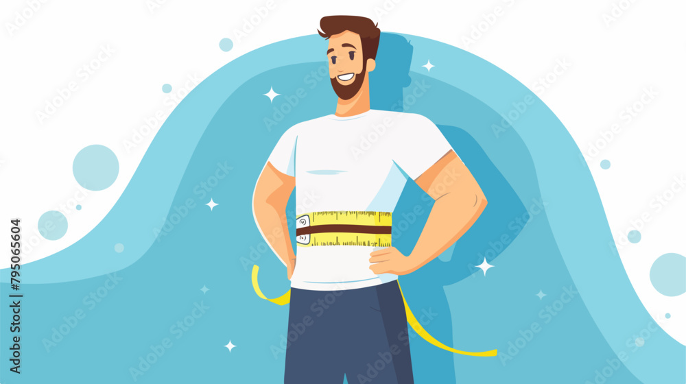 Handsome sporty happy man measuring his waist on blue