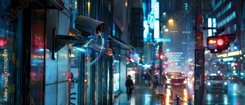 Futuristic surveillance camera monitoring digital network