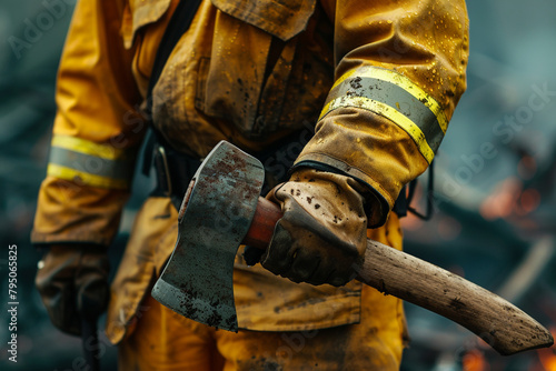 Firefighter with axe in hand closeup