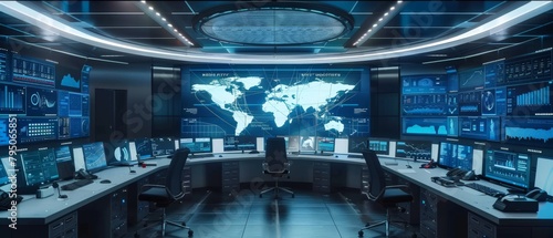 Futuristic command center with multiple digital screens and global map