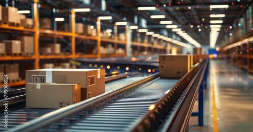 Automated warehouse with cardboard boxes on conveyor belts and digital interfaces