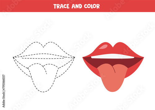 Trace and color cartoon mouth and lips. Printable worksheet for children.