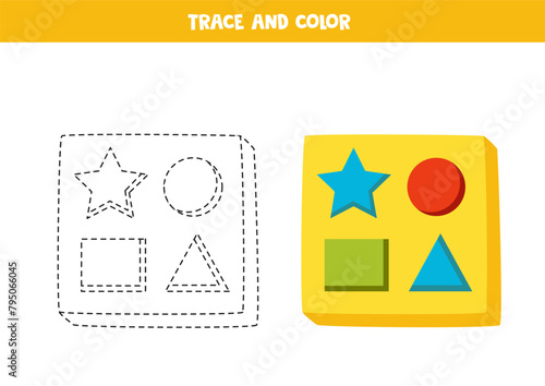 Trace and color cartoon toy sorter. Printable worksheet for children.