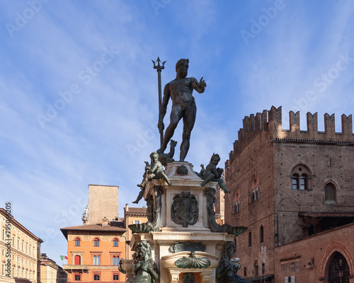 Overlooking Piazza Maggiore, the iconic Neptune Fountain in Bologna stands tall, a masterpiece of Renaissance sculpture under the open sky