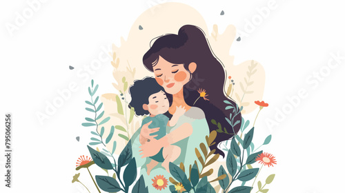 Vector Illustration Of Mother Holding Baby Son or dau