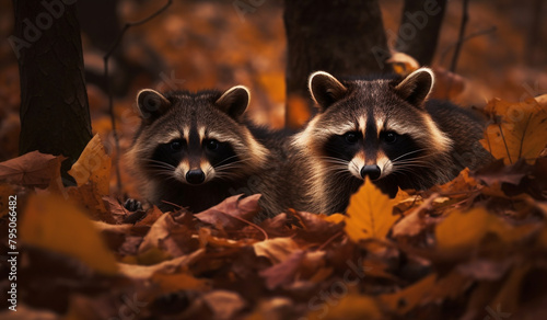 /imagine A pair of inquisitive raccoons exploring a pile of fallen leaves, their masked faces full of curiosity.