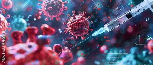 Digital illustration of coronavirus with a syringe in a futuristic setting photo