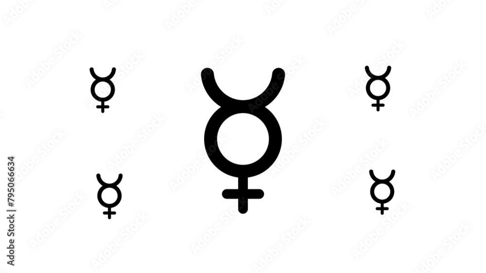 Zoom in and out animation the astrological mercury symbol. Large black symbol in the center and four small symbols around. Seamless looped 4k animation on white background Zoom in and out animation the astrological mercury symbol. Large black symbol in the center and four small symbols around. Seamless looped 4k animation on white background