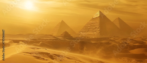 Majestic pyramids rise from sandy dunes under a soft pink and orange sunrise sky.