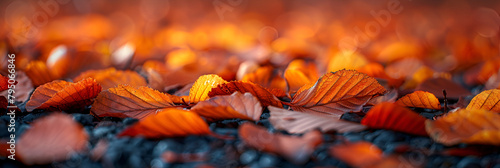 A close-up of leaves on the ground,
Stock photo of autumn theme on light bokek background with copy space
 photo