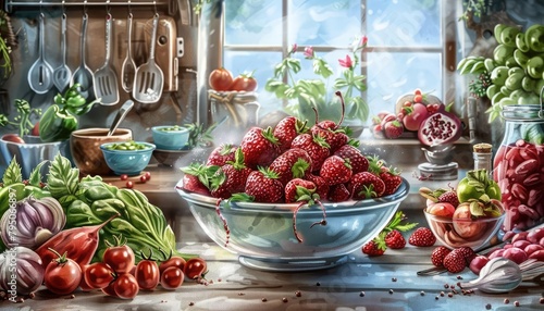 Experience the vibrant world of Culinary Arts in Virtual Reality from a Birds-eye view, showcasing succulent dishes in a CG 3D environment set against a whimsical backdrop of floating utensils and ing photo