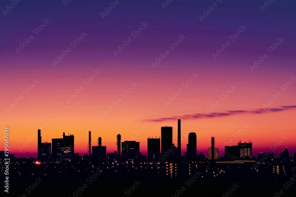 The city skyline is silhouetted against the twilight sky.