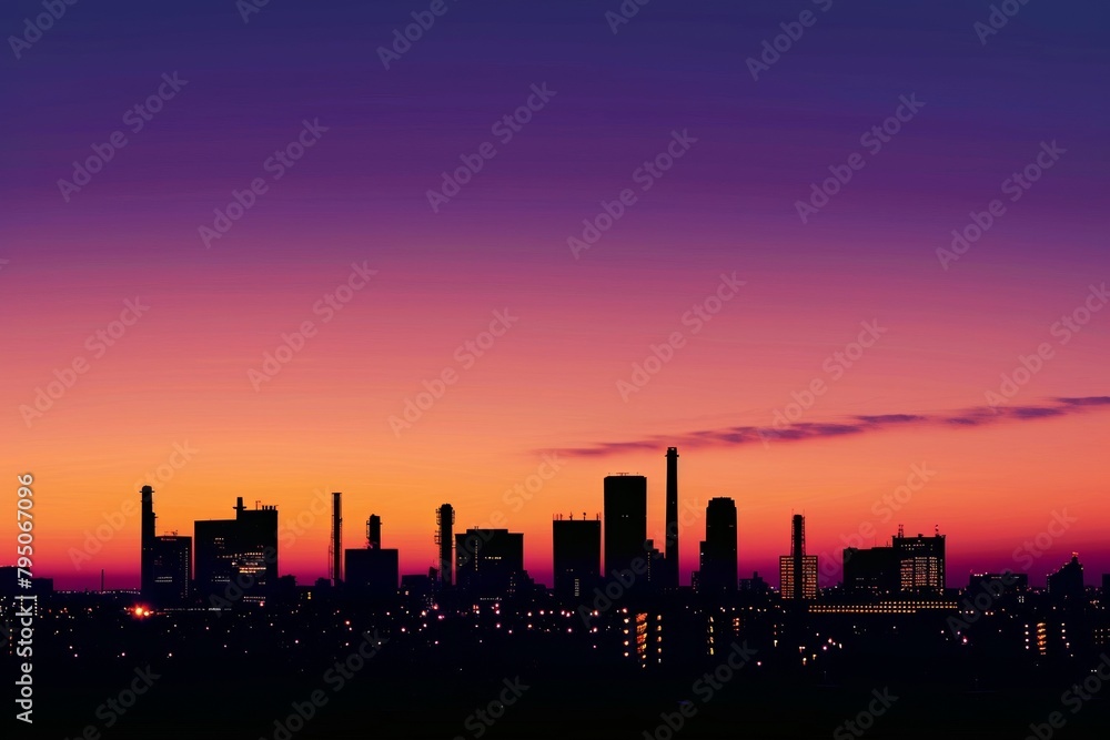 The city skyline is silhouetted against the twilight sky. The city skyline is silhouetted against the twilight sky.