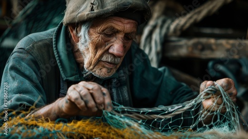 An old man with a beard is mending a fishing net.