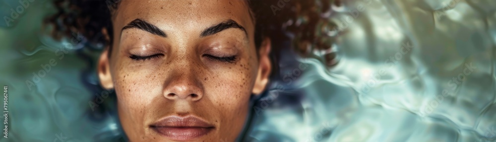 Close up of a woman's face floating in water with her eyes closed and a peaceful expression on her face.