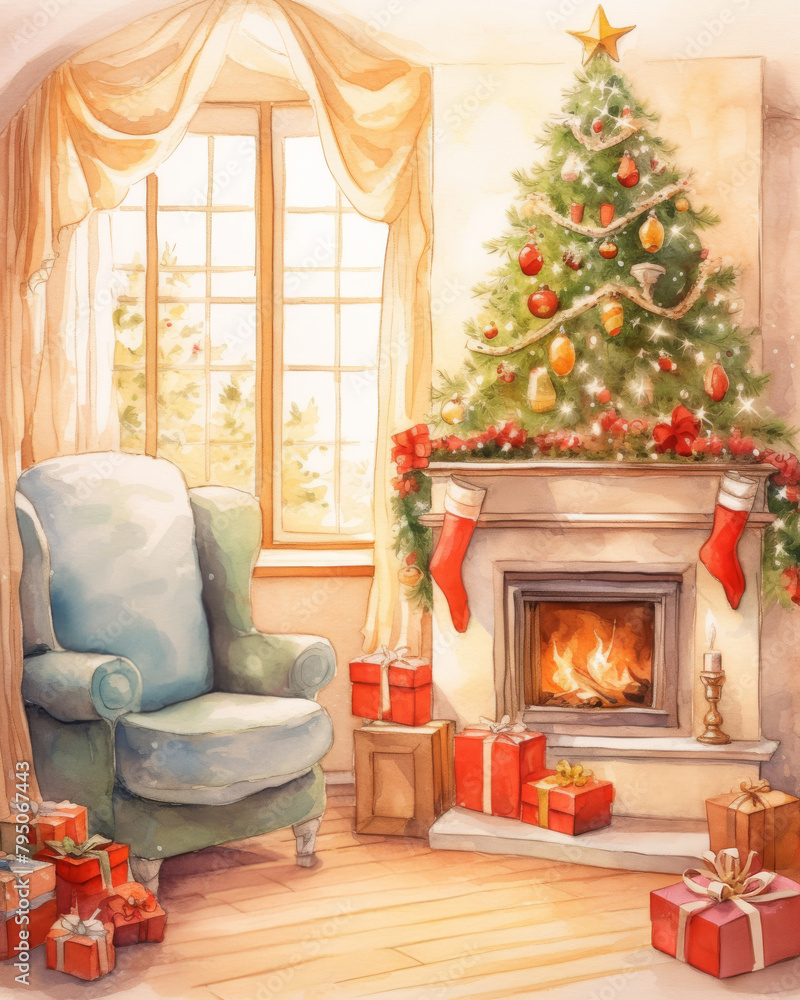 A watercolor illustration of a cozy living room on Christmas, complete with a decorated tree, gifts, and a warm, crackling fireplace. A watercolor illustration of a cozy living room on Christmas, complete with a decorated tree, gifts, and a warm, crackling fireplace.