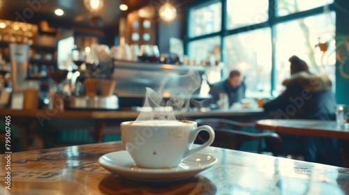 Cappuccino in a white cup on the table of a trendy cafe