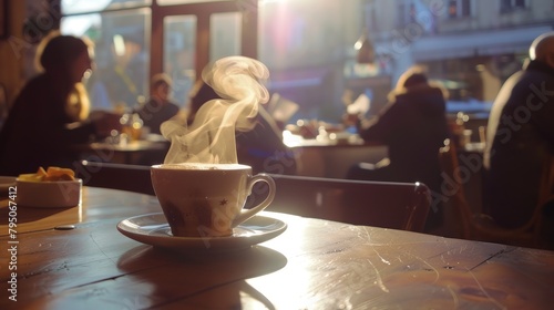 Cappuccino with morning sunlight in a busy cafe photo
