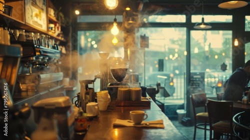 Cozy coffee shop with warm lighting and a view of the street outside. © Nawarit