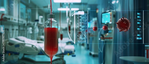 Hospital room with focus on a red blood bag in a modern medical setup photo
