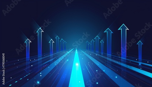 Blue arrows rising through road, symbolizing success and growth.