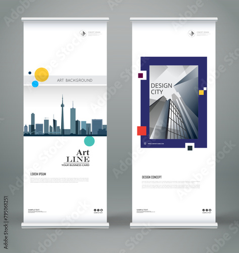 Abstract composition. White roll up brochure cover design. Info banner frame. Text font. Title sheet model set. Modern vector front page. City view brand flag. Circle figures icon. Ad flyer fiber