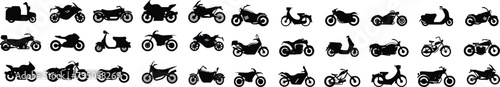 Motorbike set. Motor transport, motorcycle delivery, motor cycle for motocross, bicycle activity, engine. Modern vehicles, scooter, bikes and choppers. Vector illustration. Motor or heavy bike photo