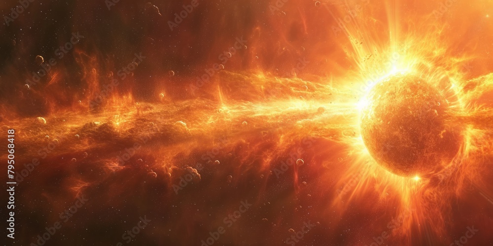  solar surface with powerful bursting flares and star protuberances erupting with magnetic storms and plasma flashes.
