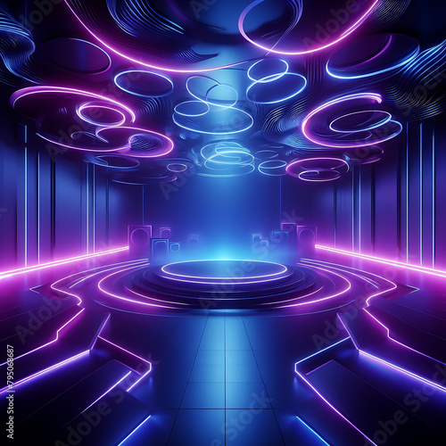 abstract 3d render, violet-blue neon lights background wallpaper.Dark empty room with glowing floor- Generative AI