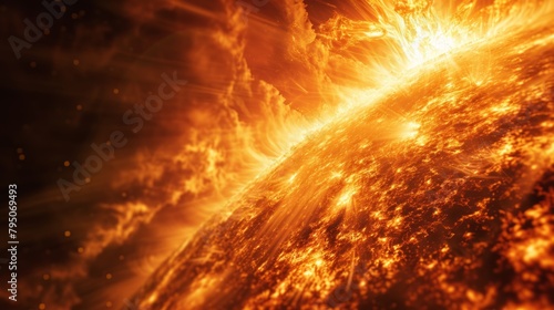  solar surface with powerful bursting flares and star protuberances erupting with magnetic storms and plasma flashes. © YuDwi Studio