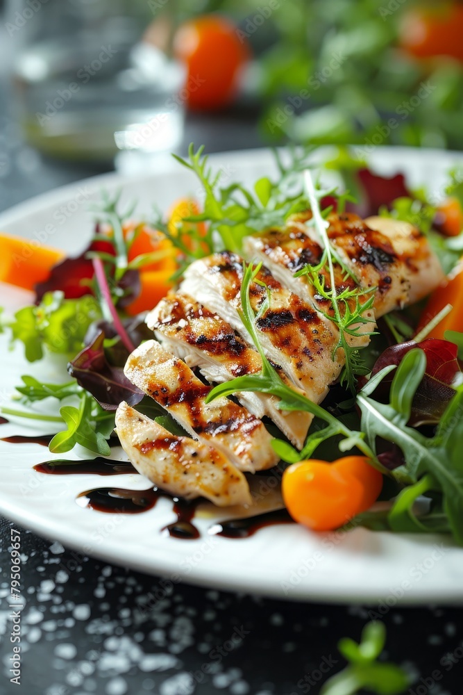 Juicy grilled chicken breast served with an array of fresh and crisp garden vegetables