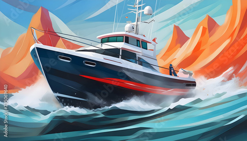 an abstract painting of a modern Basque racing trawler, focusing on sporty lines and dynamic angles, rendered in vibrant, textured brushstrokes