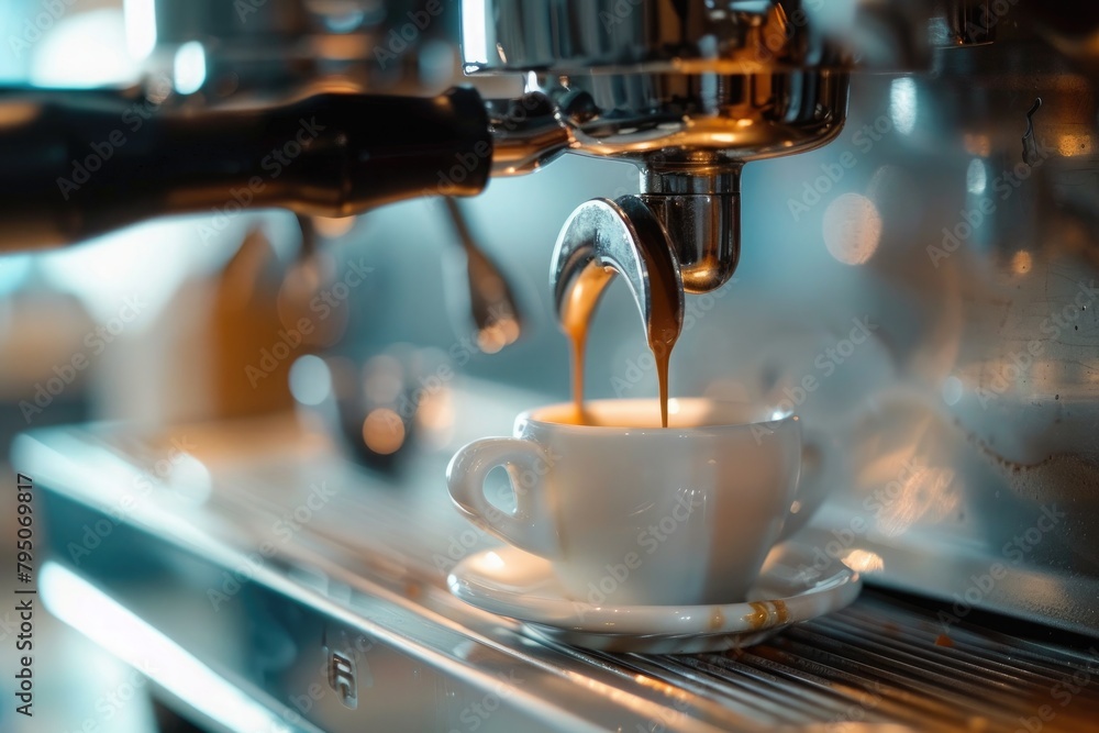Close up of espresso pouring from coffee machine into a cup in cafe Close up of espresso pouring from coffee machine into a cup in cafe